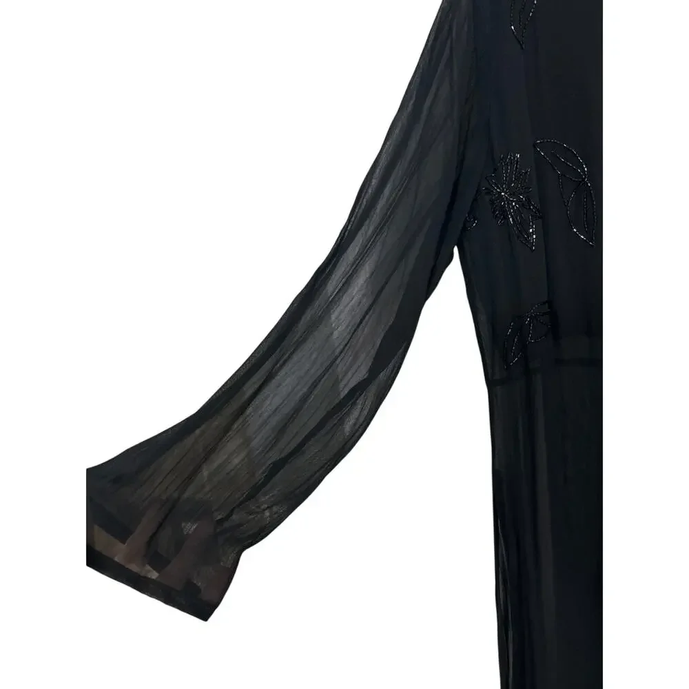 Y2K Sheer Black Beaded Duster Maxi Dress M Whimsigoth Indie Witchy Goth Overlay - Picture 5 of 13